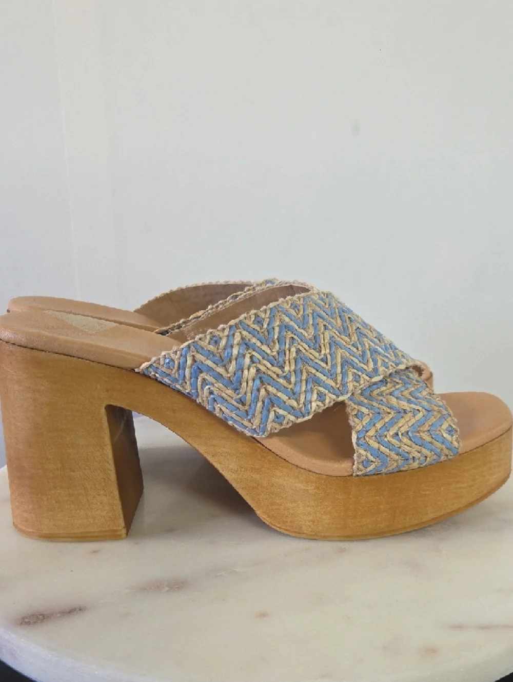 Braided Blue and Tan Platform Slide Heels - Women's Size 39